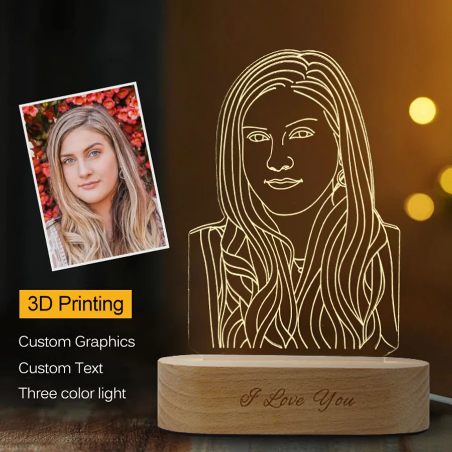Dropshipping Customized 3D Night Light USB Wooden Base DIY Night Lamp For Wedding Christmas Gift Holiday Light Custom Text Photo