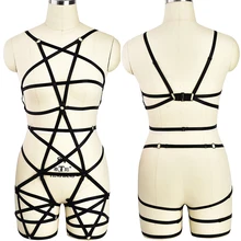 Черный бюстгальтер с пентаграммой для танцев на шесте, женский пояс с подвязками в стиле панк, сексуальный комплект нижнего белья для косплея