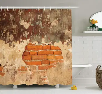 

Antique Old Historical Floral Mural Painting A Wall Concrete Bricks Rustic Home Bathroom Shower Curtain Set Orange Beige