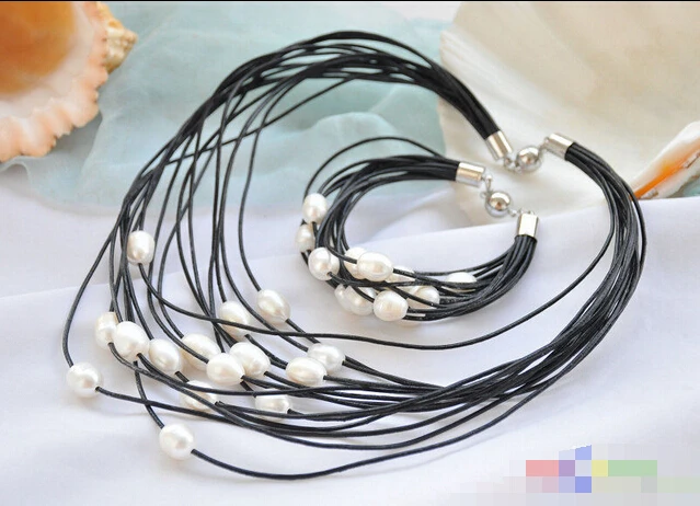 

Hot sell Noble- P5234 15row 13mm white rice pearl black leather necklace & bracelet ^^^@^Noble style Natural Fine jewe SHIPPING
