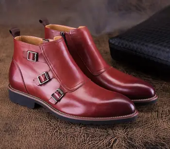 

Ankle boots men's dress shoes genuine leather buckle strap high top casual shoes flats vintage handsome roman martin boots