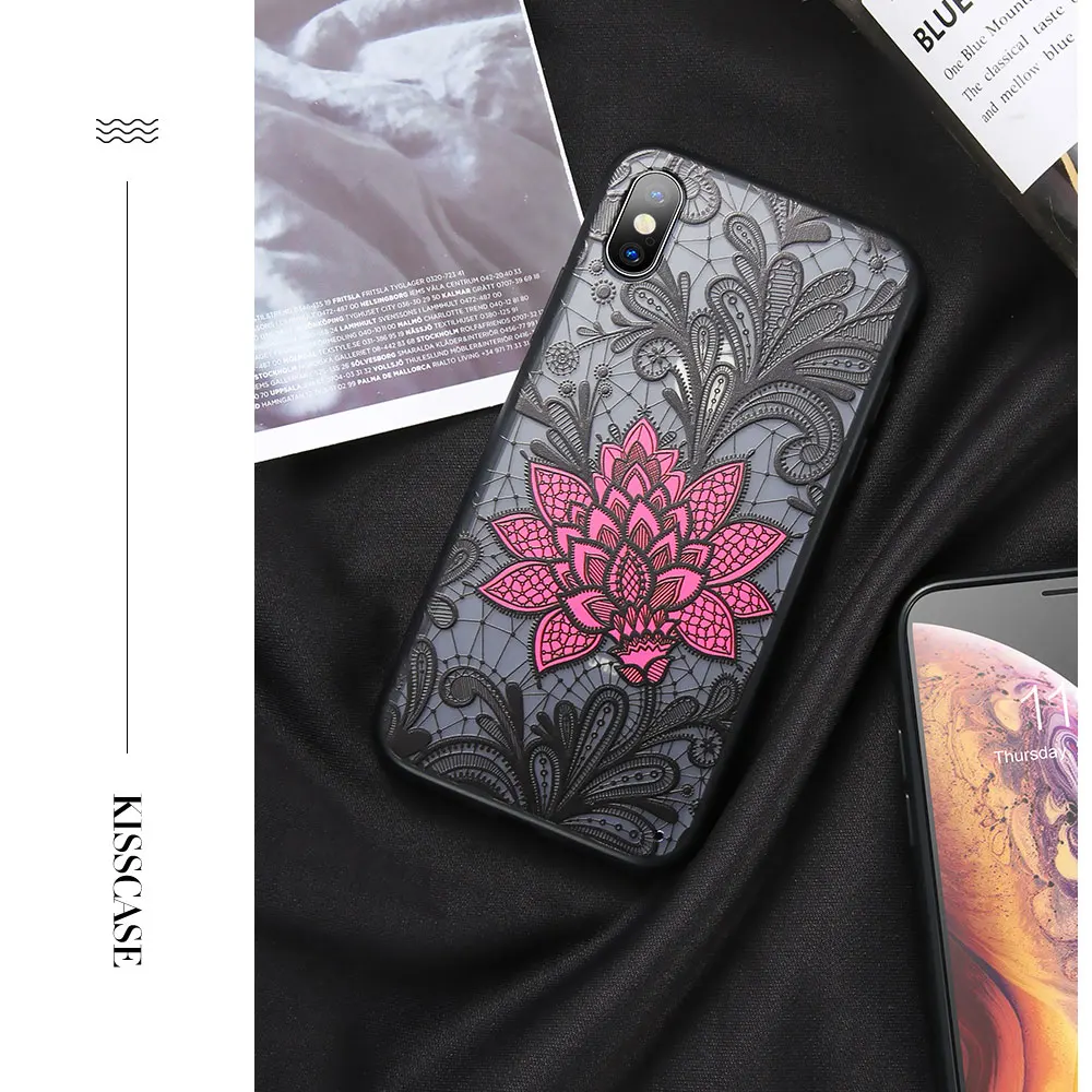 KISSCASE чехол для iPhone 7 8 6 S Plus 3D тиснением цвета: черный красный розовый цветок 5S 5 Se