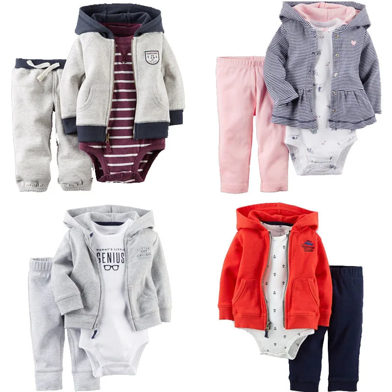 

2019 New Baby Boy Girl Clothing Set 3pcs Bodysuit Hooded Long-Sleeve Outwear Soft Cotton Long Pants Bebes Infant Jumpsuits