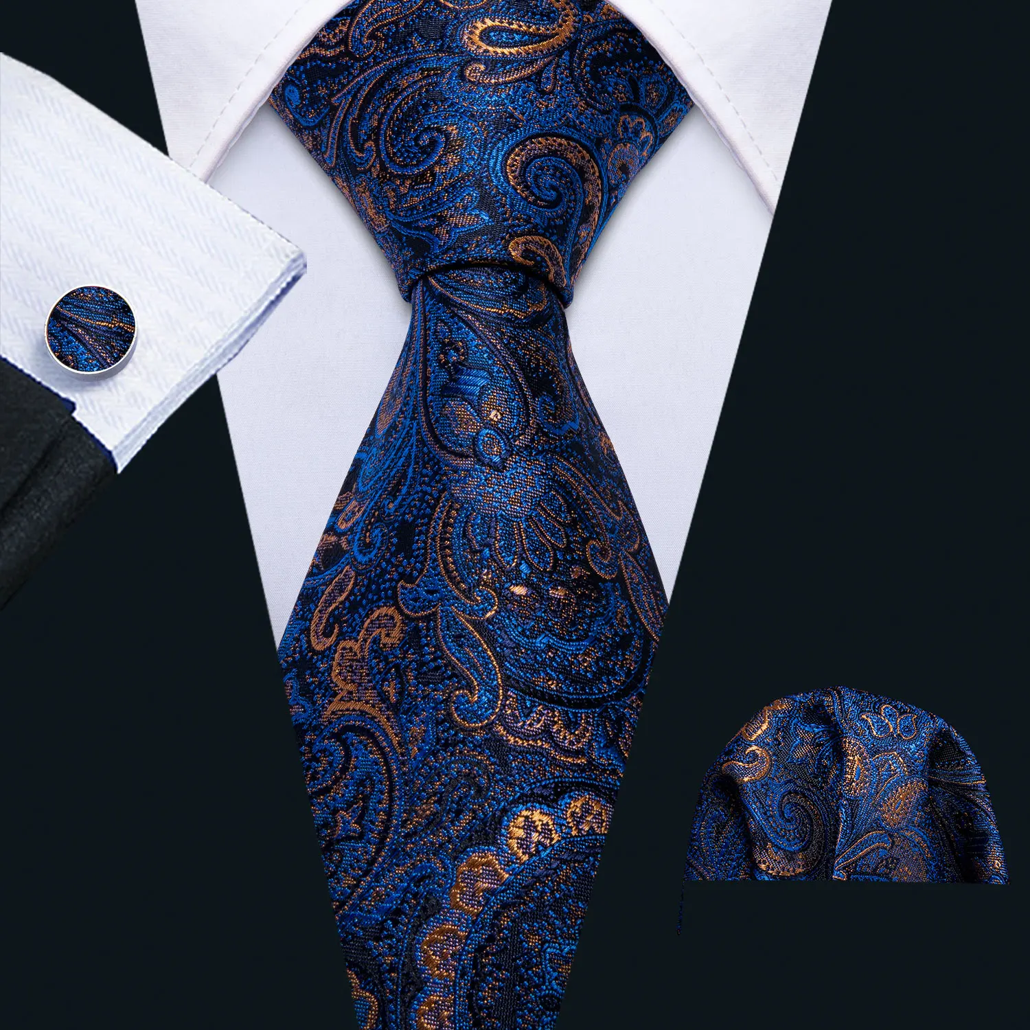 

Men Silk Ties Blue Floral Tie Set Handkerchief Cufflinks Paisley Neck Tie Designer wedding Tie Gift for Men Barry.Wang FA-5155