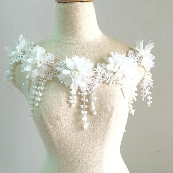 1Yard(15Pcs Flower) 8CM 3D Chiffon Rose Lace Trim Flower With Pearl Wedding Dress Deco Tassel Patch DIY Craft lace garment accessories lace sewing supplies lace decoration lace accessories lace sewing accessories clothing accessories