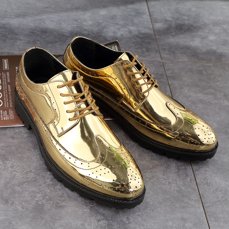 

CIMIM Brand Big Size Leather Shoes Men Golden Patent Brogue Formal Office Shoes Men Lace Up Business Luxury Dress Shoes Men