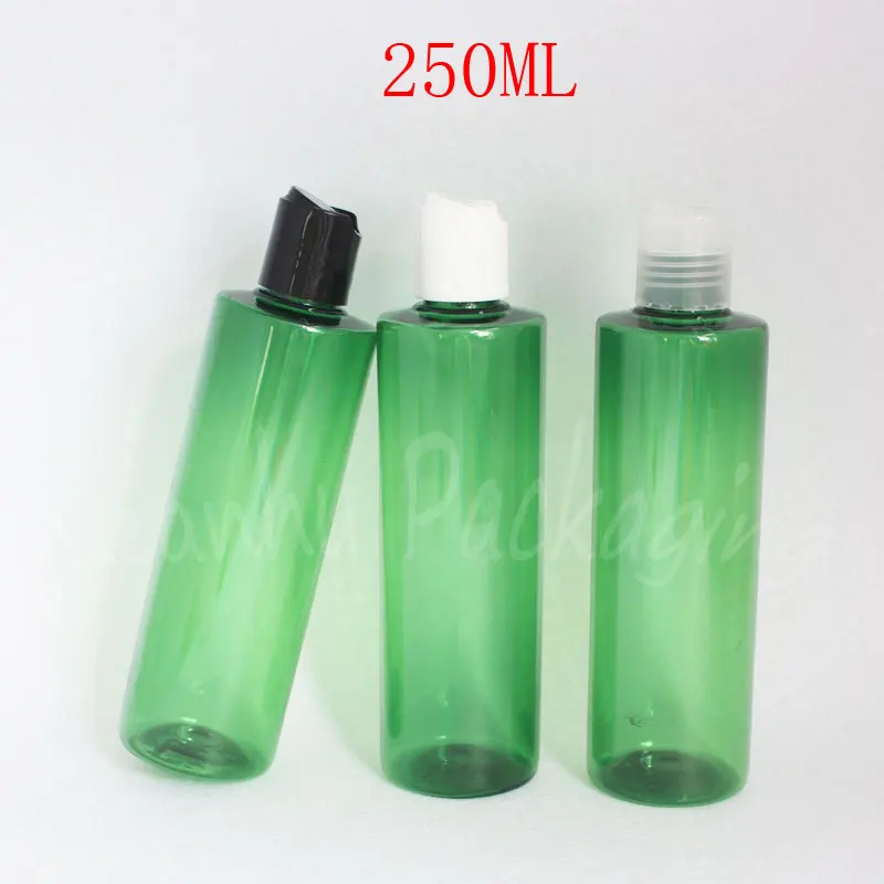 

250ML Green Plastic Bottle With Disc Top Cap , 250CC Shampoo / Lotion Packaging Bottle , Empty Cosmetic Container ( 20 PC/Lot )