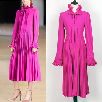 

Fashion 2019 Rose Red Sexy Ruffle Dress Autumn Long Sleeve Party Dress Women Lace Up Pleated Dress