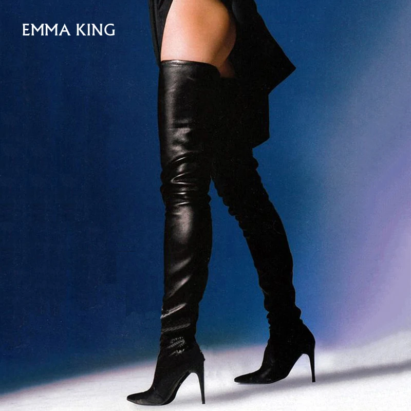 

Sexy Black Pointed Toe Over the Knee Stiletto Boots Thin-heeled New Fashion Botas Mujer 2019 Shoes Woman Heels Ladies Plus Size