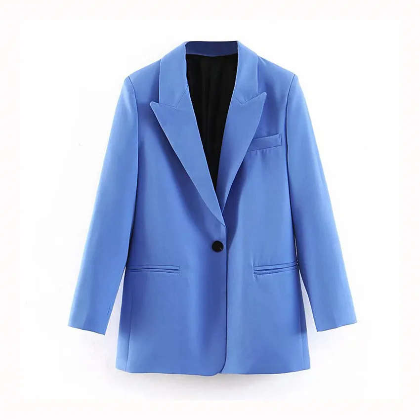 Женский элегантный синий Блейзер на одной пуговице с карманами и длинным рукавом, женские повседневные пальто, офисная одежда, верхняя одежда, шикарные топы