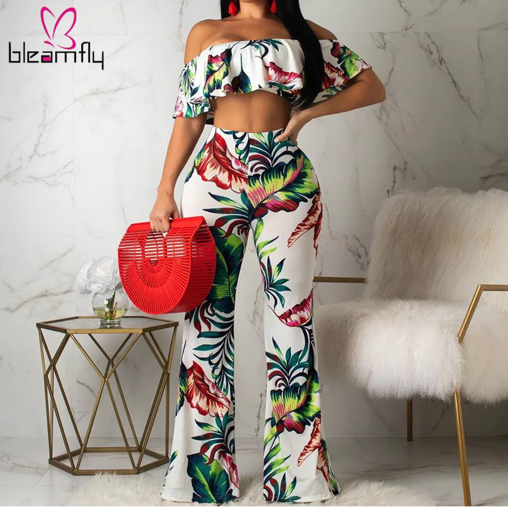 

Two Piece Set Floral Pint Ruffle Off Shoulder Strapless Crop Top + Long Wide Pants Women Two Piece Outfits Matching Sets 2019