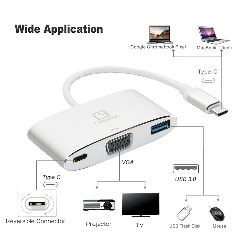 Кабель USB C концентратор для VGA адаптер 3 в 1 USB VGA USB 3,0 PD Тип C 3,1 конвертер 60 Гц для Macbook Chromebook адаптер N077