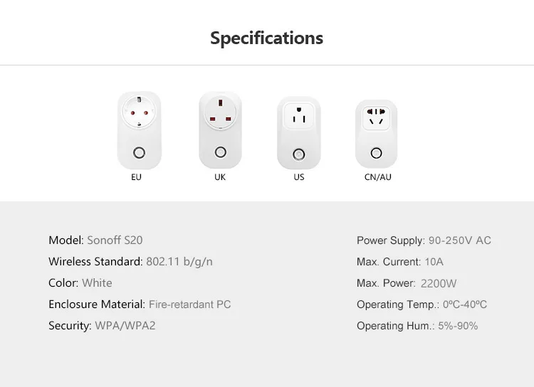 Sonoff S20 умная Беспроводная розетка, стандарт ЕС, WiFi/Voice/ewelink, пульт дистанционного управления, комплект домашней автоматизации для Alexa/Google home