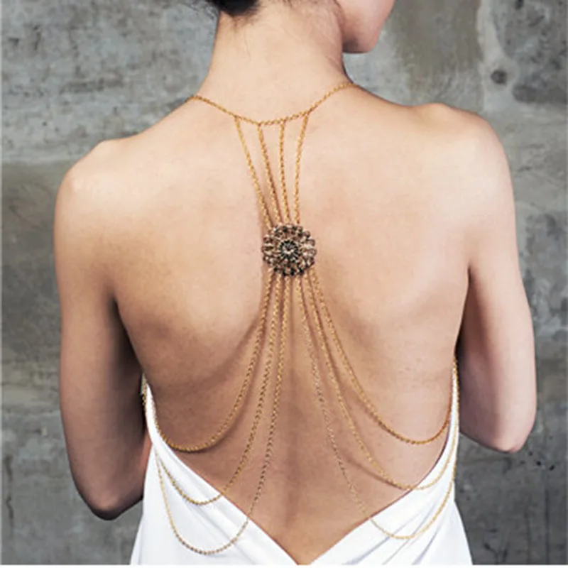 

New Design Metal Flower Backdrop Necklace Back Multi-layers Rope Chain Gold Backless Dress Accessories Jewelry Bridal Jewelry