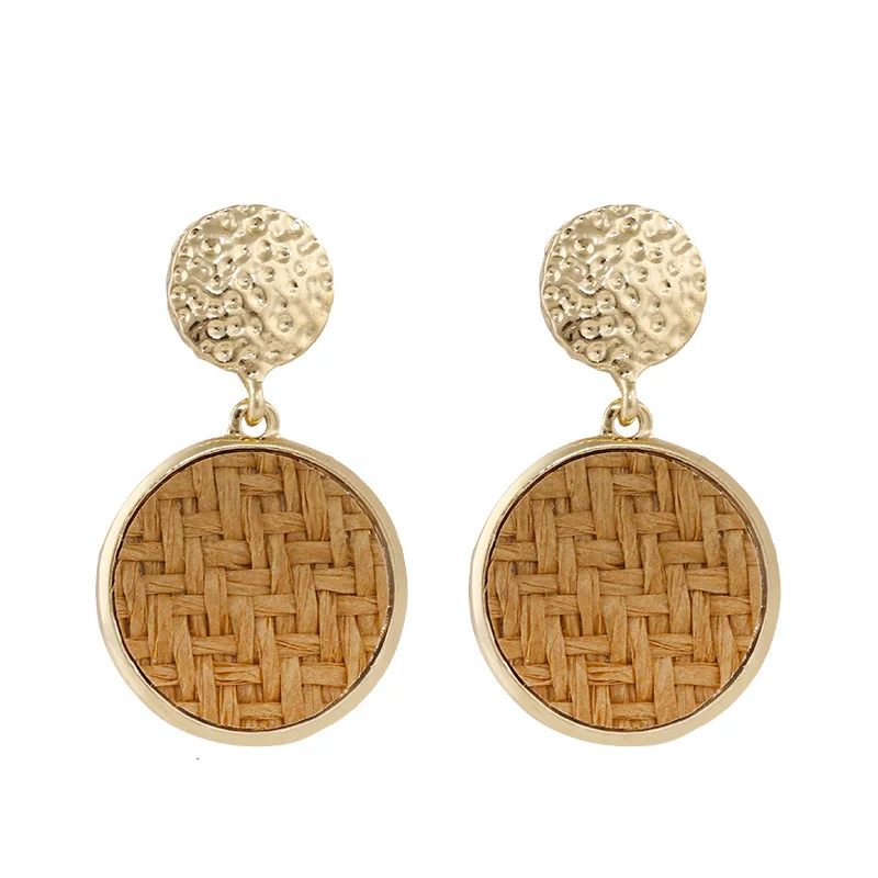 AENSOA Summer Beach Bohemia Rattan Knit Round Earrings For Women Fashion Jewelry Geometric Handmade Straw Weave Earrings