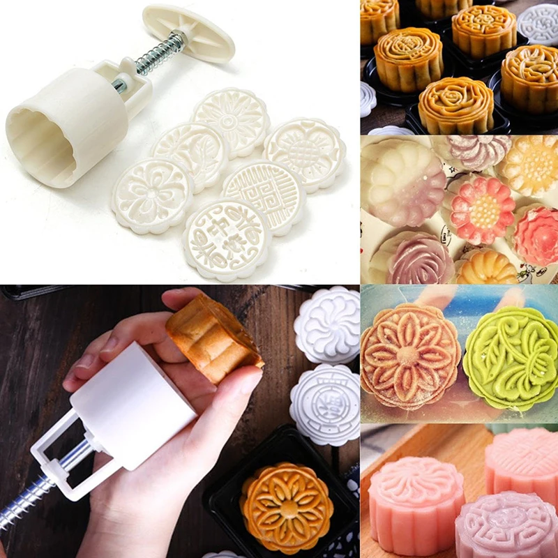 JX-LCLYL New 50g Round Flower Mooncake Mould 6 Stamps Moon Cake Decor Baking Tool