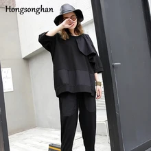 Hongsonghan, Европейский и американский стиль, большой размер, весна, новая футболка с круглым вырезом и разрезом в виде листьев лотоса, Женская свободная Универсальная футболка