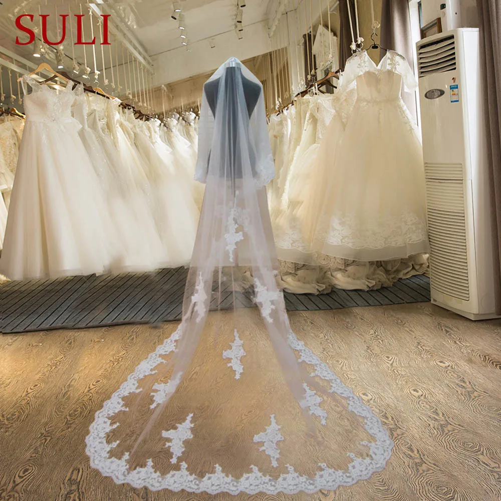 

TS3 Ivory One-Layer Tulle Lace Applique 3 Meters Long Beautiful Bridal Veil with Comb