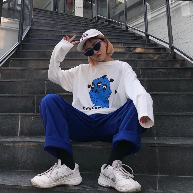 Осенняя модная женская футболка Корейская Ulzzang Harajuku Смешные Мультяшные принты с