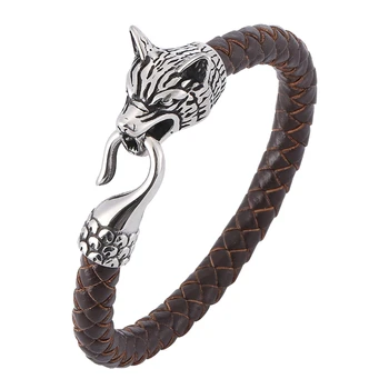 

Hot Style Trendy Mens Jewelry Black Brown Braided Leather Bracelet Men Stainless Steel Wolf Bracelet Wristband Male Gifts SP0392