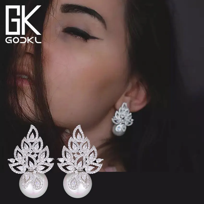 GODKI имитация жемчуга лист Коллекция Полный микро кубического циркония Проложить для женщин Свадебные обручение серьги ювелирные изделия наркомания