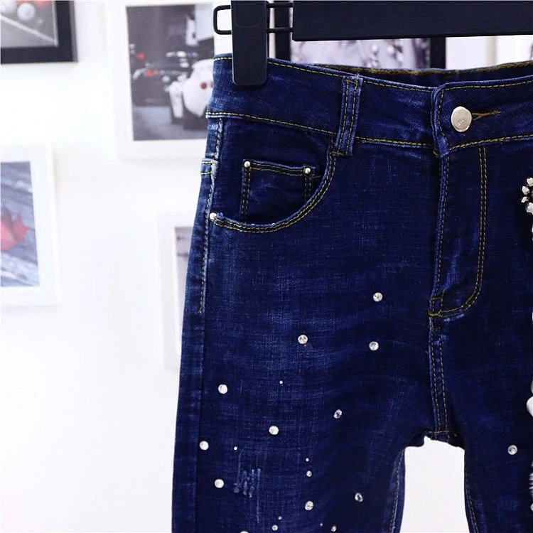 Осень и зима ретро джинсы с вышивкой Женские Цветы блестками алмаз узкие брюки карандаш брюки