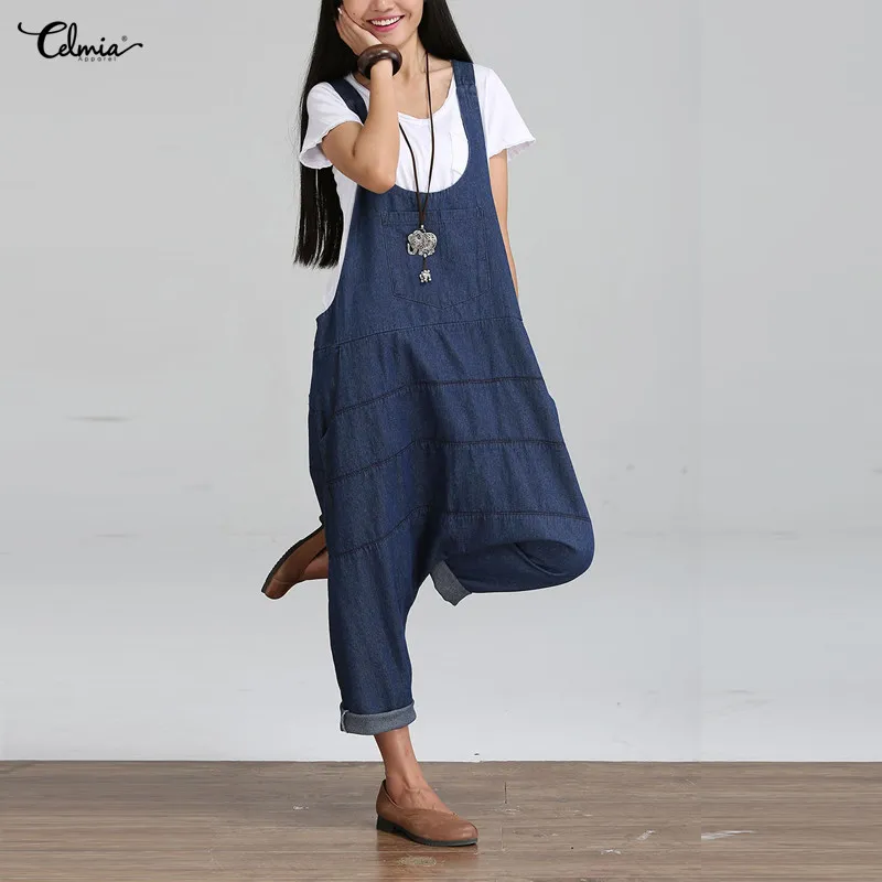 

Celima 2019 Vintage Womens Denim Jumpsuits Palazzo Pants Rompers Sleeveless Backless Pockets Front Overalls Strapless Paysuits