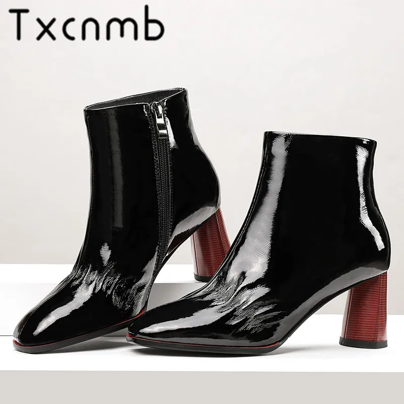 

TXCNMB 2019 Winter Boots Women Genuine Leather Natural Boots Women Zipper Black Beige High Heel Shoes Woman