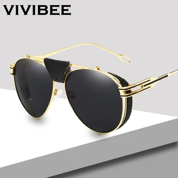 

VIVIBEE Luxury Gold UV400 Men Aviation Sunglasses with Leather Vintage Mens Alloy Metal Pilot 58mm Glasses