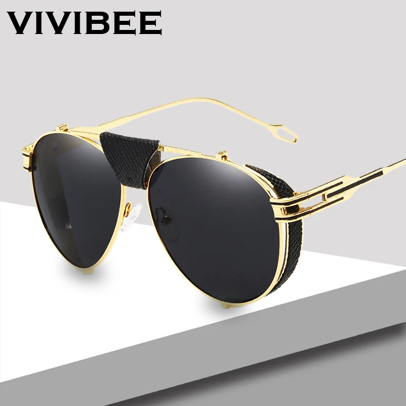 VIVIBEE роскошные золотые UV400 Мужские Авиаторы Солнцезащитные очки с кожаными