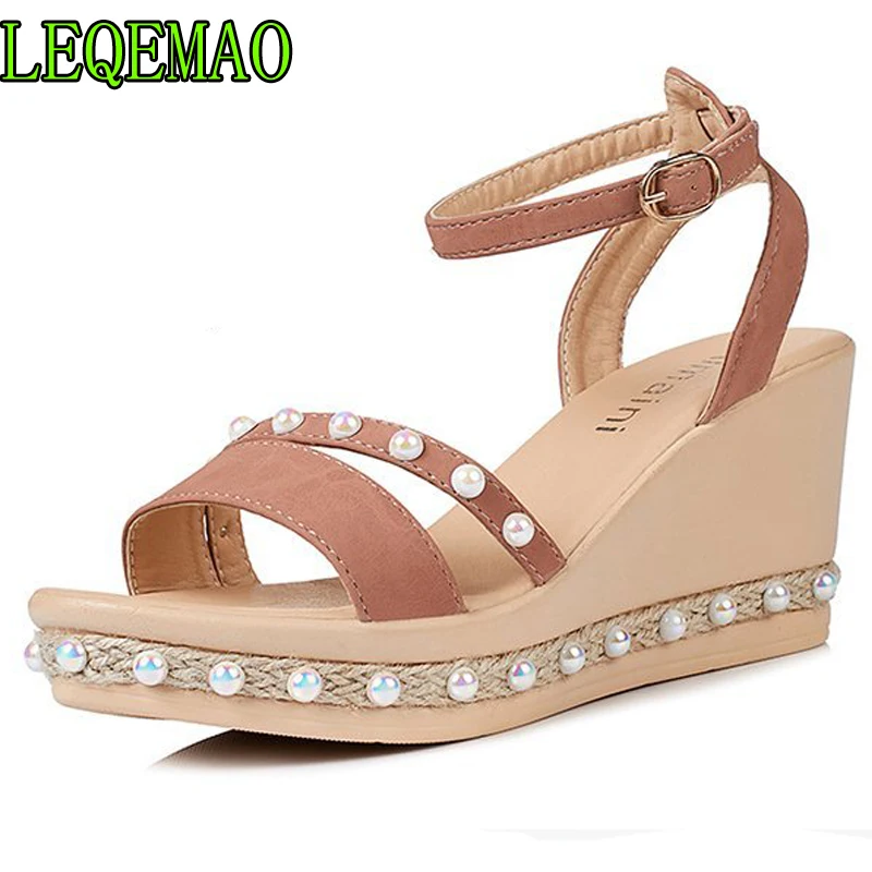 

Women Sandals Summer 2019 Platform Sandals High Heels Shoes Ankle Strap Ladies Sandals Bead Casual Footwear Pink Black