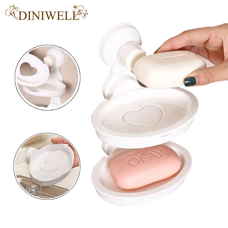 

DINIWELL Plastic Wall Mounted Double Layer Soap Shelf Strong Suction Cup Soap Boxes Reusable Bathrooms Storage Kitchen Organizer