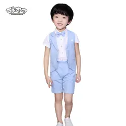 2018 детские для маленьких мальчиков летнее торжественное костюм рубашка жилет штаны галстук 4 шт. одежда для свадьбы, дня рождения Костюмы