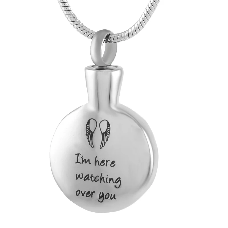 

IJD9302 Free Engraving Double Angel Wing " I'm Here Watching Over you " Round Shape Stainless Steel Cremation urn Ashes pendant
