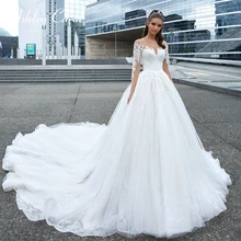 Ashley Carol Sexy Sweetheart Illusion Lace Princess Wedding Dress Long Sleeve Bride Dresses Cathedral Train Wedding Gowns