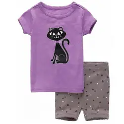 Фиолетовый кот Комплекты одежды для девочек летние пижамы для девочек 2-7 лет 2018 короткий рукав Комплект детской одежды для сна детская