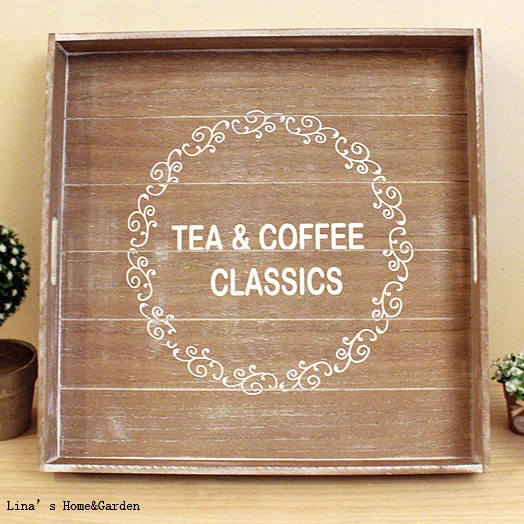 classic tea coffee hand crafted shabby large wooden square tray with cutout handle (2)