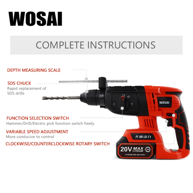 WOSAI 20V Electric Impact Drill Rotary Hammer Brushless Motor Cordless Hammer Electric Drill Electric Pick for Switch Freely 