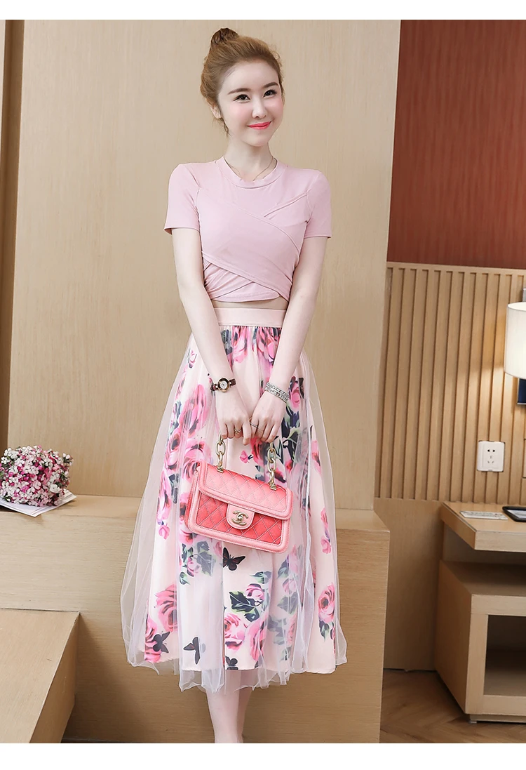 Летние Для женщин комплект из 2 частей Мода Розовый хлопок бантом короткая футболка+ сетка Цветочный Принт Большой качающаяся длинная юбка костюмы