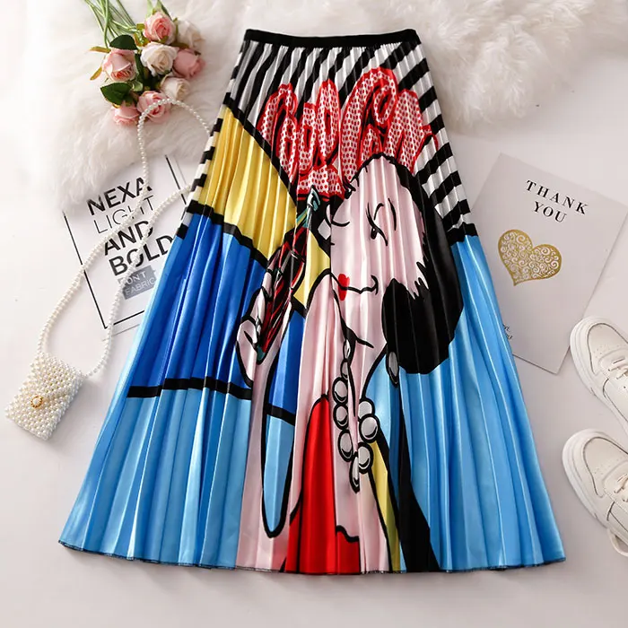 

2019 New Arrival Spring Autumn Women Cartoon Printed Elegant Pleated Long Skirts High Waist Harajuku Tulle A-Line Mid-Calf Skirt