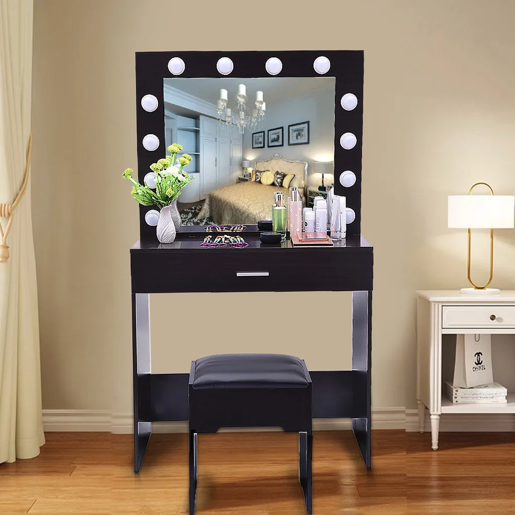 

Dressing Table 12 LED Bulbs Lamp Girl Room Vanity Set With Lighted Mirror Cushioned Stool Dressing Table Makeup Table US Stock