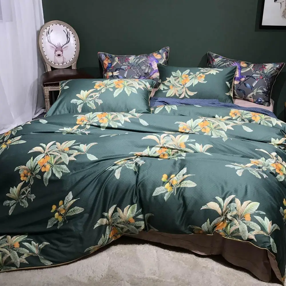 

2019 Fresh Dark Grey Leaves Fruit Egyptian Cotton Bedding Set Queen King Size Bedlinens Flat sheet Duvet Cover Set
