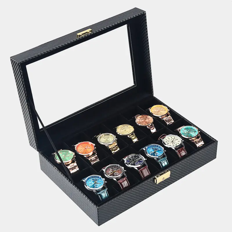 12 Slots Carbon Fiber Watch Storage Box With Lock Black PU Leather Watch Display Case Mechanical Watch Storage Boxe