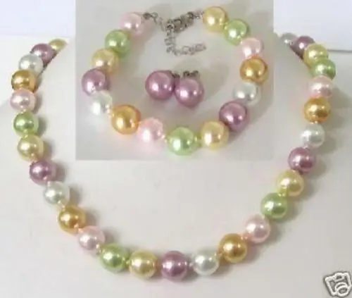 

12mm multicolor shell pearl necklace bracelet Earring Set AAA style Fine Noble real Natural free shipping