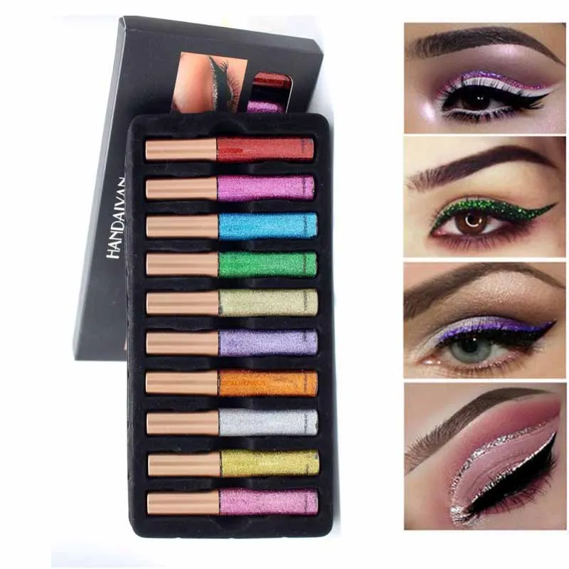 2018 New Professional 10Pcs Liquide Glitter Eyeliner Set Waterproof