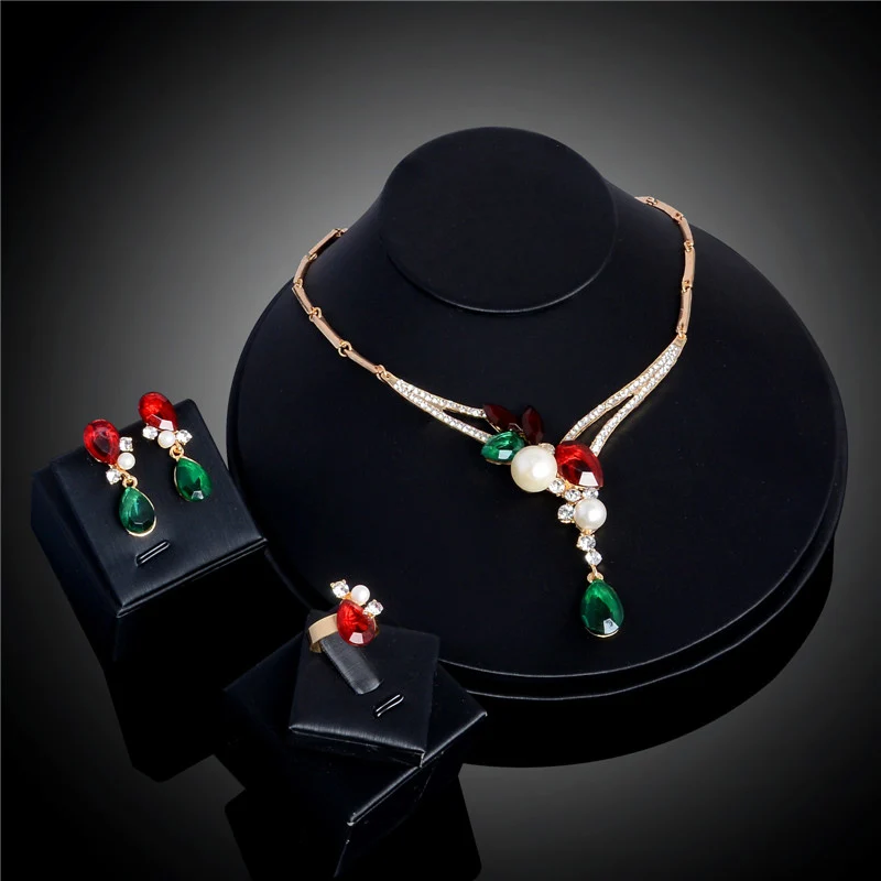 

MISANANRYNE Fashion Hot Gold Color Women's Austrian Crystal Simulated Pearl Chain Necklace Earrings Ring Wedding Jewelry Sets