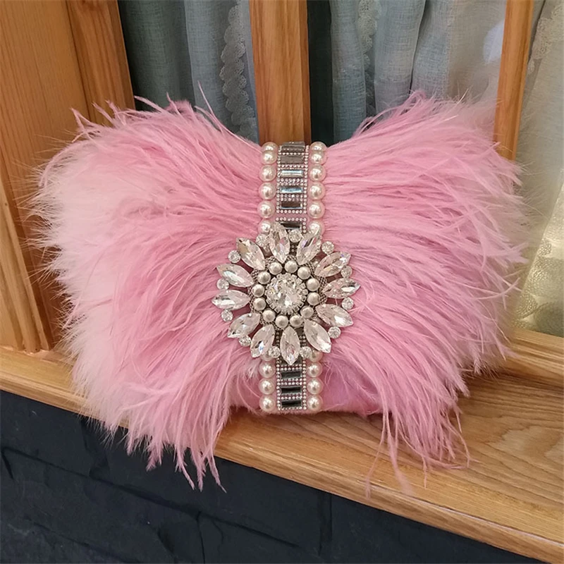 

Handbags Ostrich Fur Bags Crystal Clutch Women Bride Wedding Chain Messenger Bags Rhinestone Purses Pearl Evening Party Bag