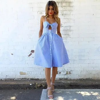 

New Style 2019 Summer Dress Backless Sexy Elegant Sleeveless Button Women Spaghetti Strap Striped High Quality Dresses Wholesale