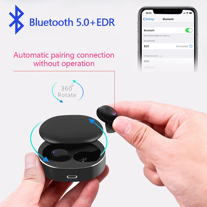 B20 Bluetooth 5,0 TWS, беспроводные наушники, стерео гарнитуры, сенсорное управление, водонепроницаемые мини наушники с зарядной коробкой, 80 мАч, затычки для ушей