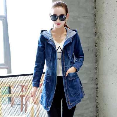 Hooded Denim Women Jackets Spring Autumn Loose Vintage Long-sleeved Jeans Jacket Casual Student Slim Denim Coat Plus size 5XL - Цвет: Denim Blue